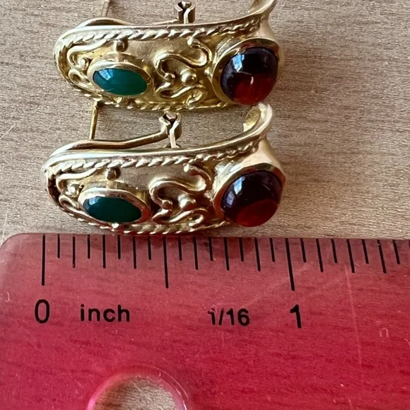 VINTAGE 14K GOLD CABOCHON GARNET GREEN CHRYSOPRASE EARRINGS STATEMENT CUSTOM - Picture 11 of 16